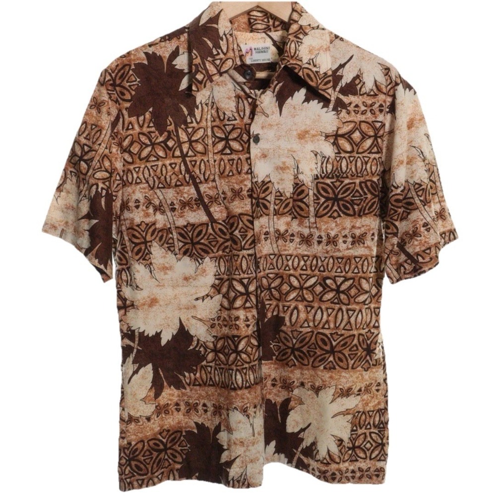 Vintage‎ Liberty House Hawaiian Shirt Large Palm Trees Geometric Brown Button Up